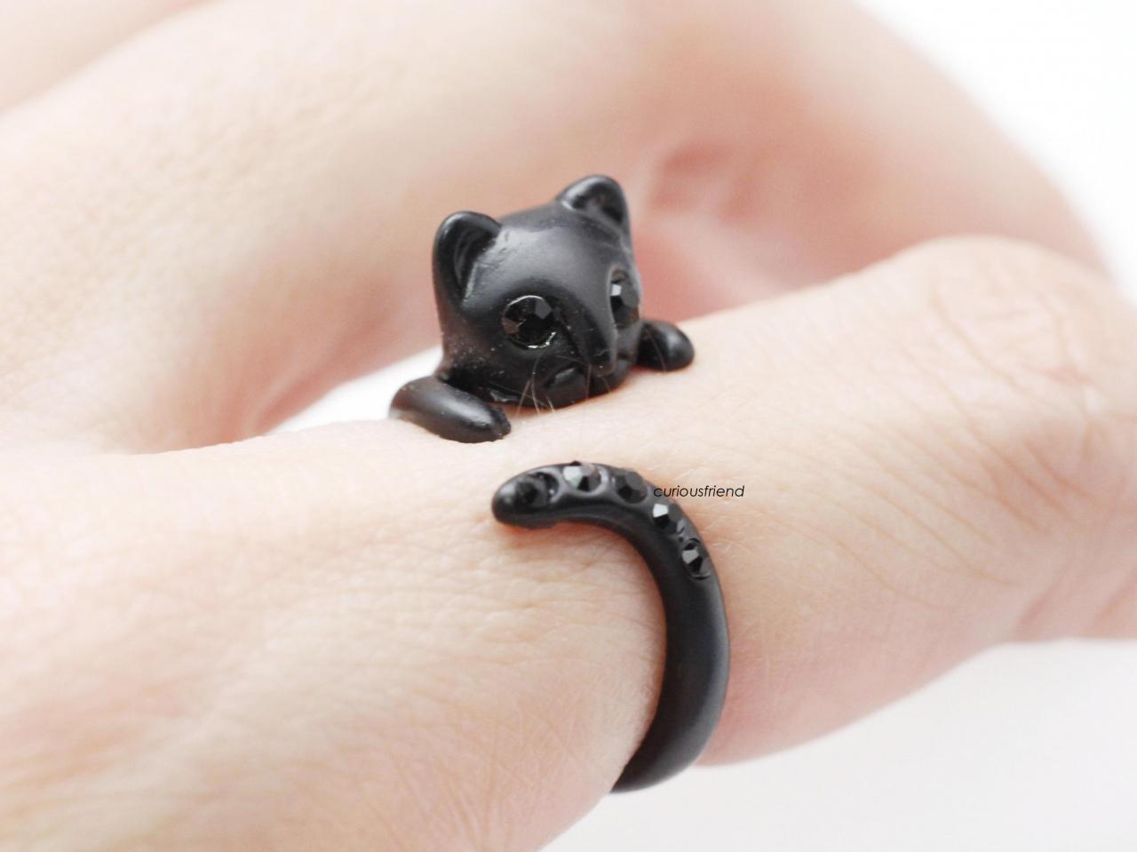 Adjustable Cute Black Kitty Cat With Black Cubic Tail Ring,cat Ring,animal Ring,wrap Ring